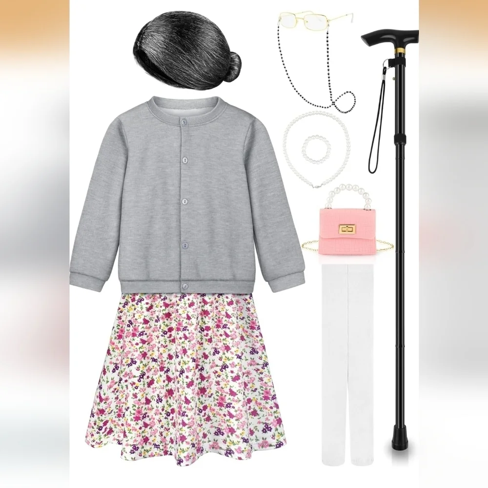 Kids Old Lady Costume 100th Day School Granny Dress Set Girls 11-13 Age Years